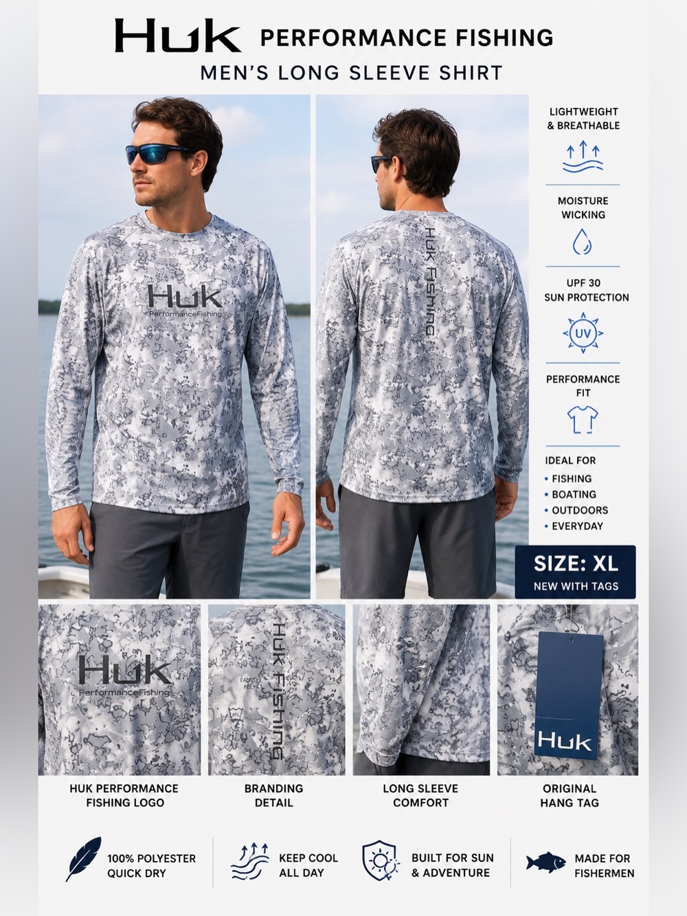 HUK Performance Fishing Shirt Men’s XL Gray Camo Long Sleeve NWT